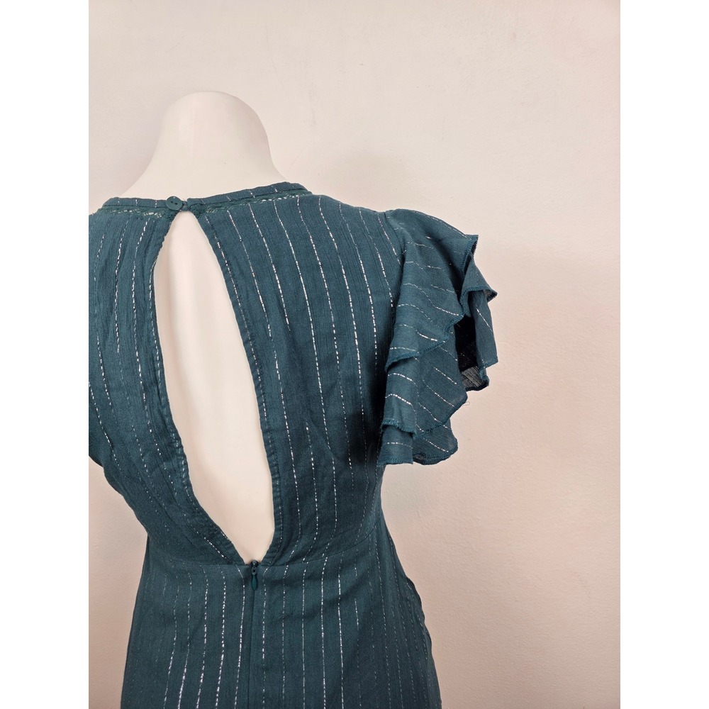 Cleobella Teal Green Metallic Silver Pinstripe Tiered Maxi Dress XS Open Back - Picture 5 of 9